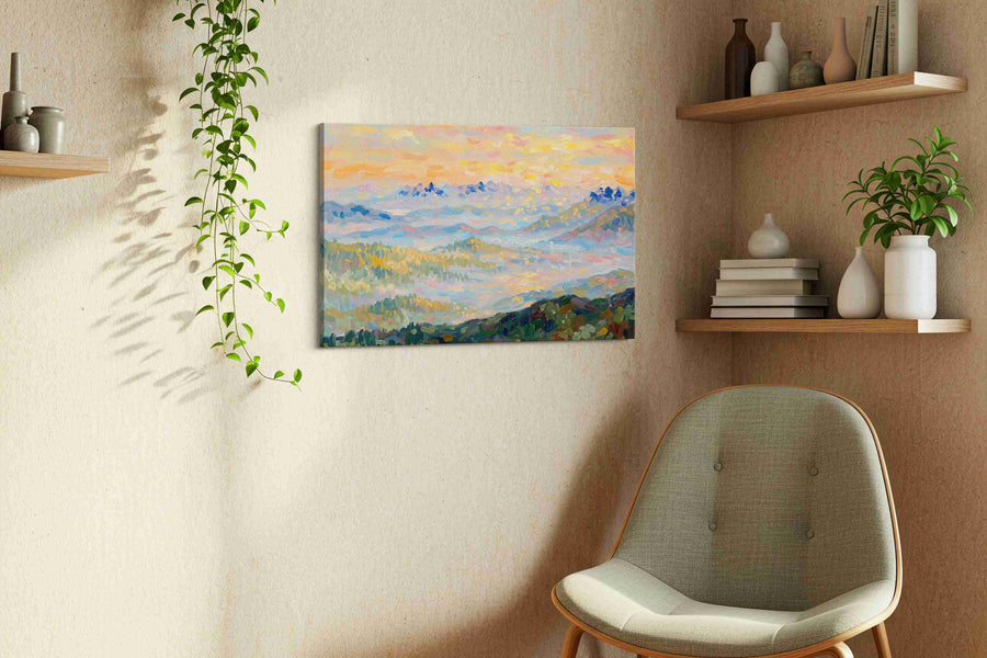 Alpenglow Over Dreaming Peaks landscape canvas print, hanging on wall — view 2