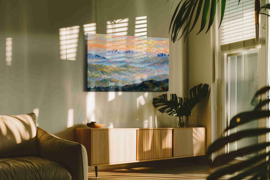 Alpenglow Over Dreaming Peaks landscape canvas print in a hung canvas mockup