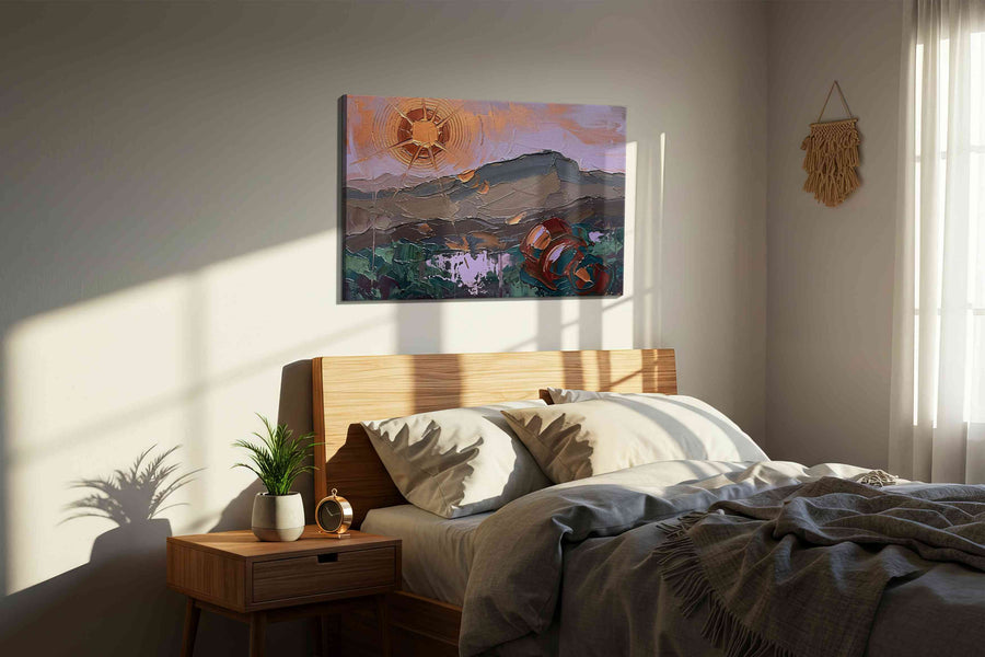Bronze Sun Over Velvet Hills landscape canvas print, displayed in a bedroom