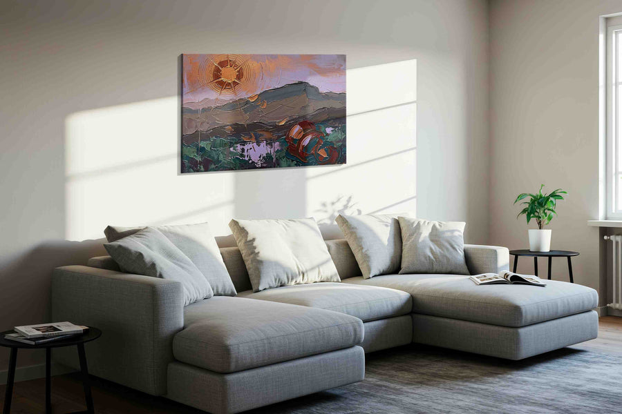 Bronze Sun Over Velvet Hills landscape canvas print, displayed in a living room