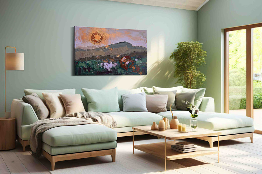 Bronze Sun Over Velvet Hills landscape canvas print shown in a wall scene
