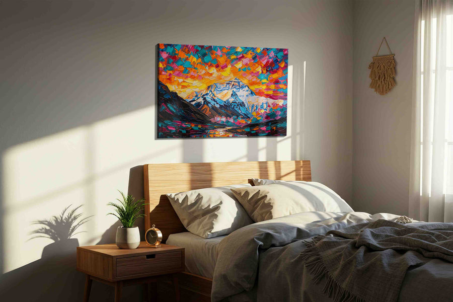 Ember Sky Over Ice Peaks landscape canvas print, displayed in a bedroom