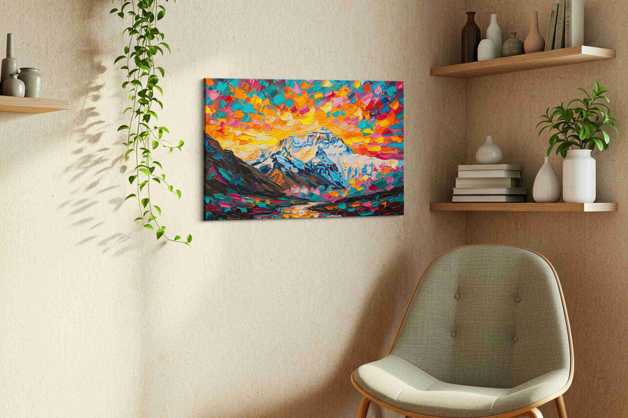 Ember Sky Over Ice Peaks landscape canvas print, displayed in a living room