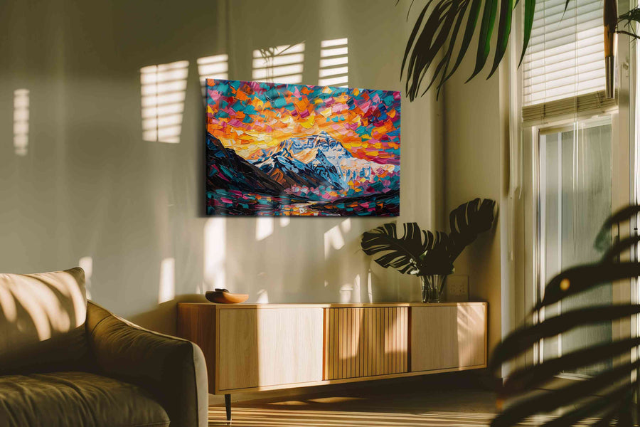 Ember Sky Over Ice Peaks landscape canvas print in a hung canvas mockup
