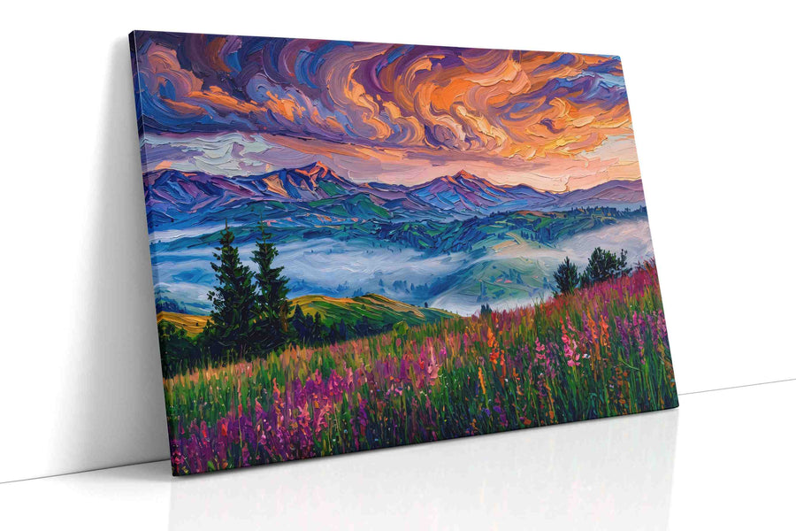 Ember Sky Over Lavender Peaks landscape canvas print, gallery-wrapped, ready to hang