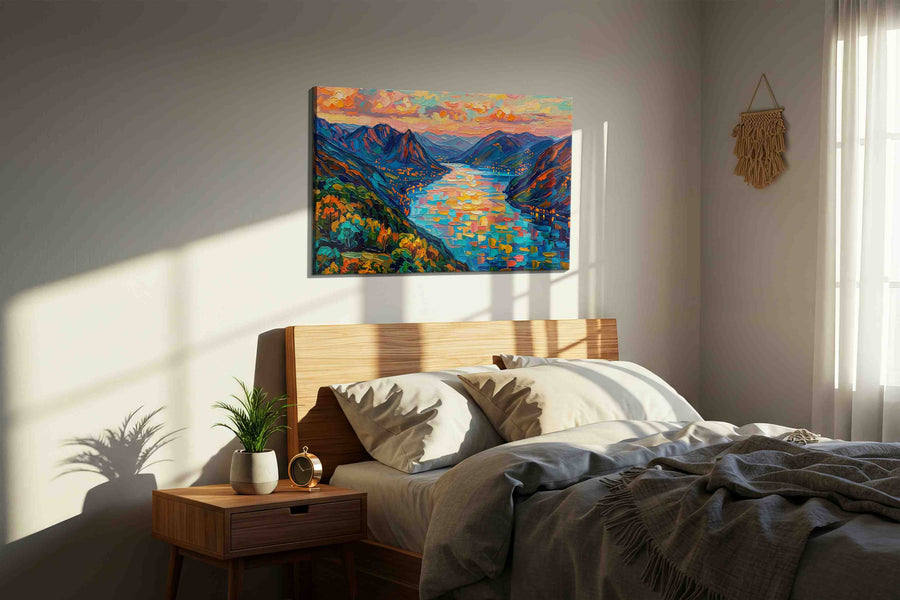 Emberlight Over Azure Fjord landscape canvas print, displayed in a bedroom