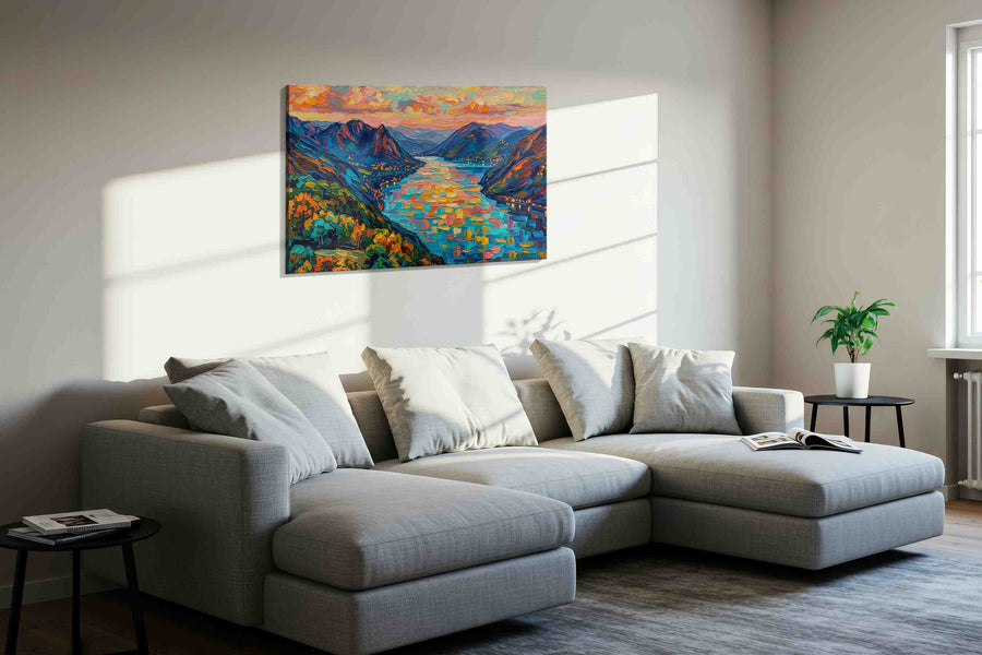 Emberlight Over Azure Fjord landscape canvas print, displayed in a living room