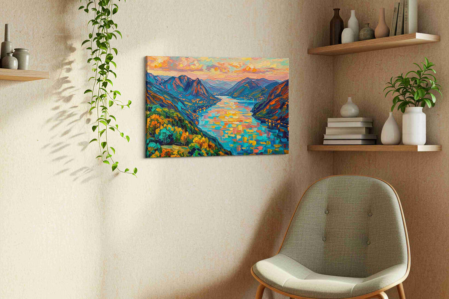 Emberlight Over Azure Fjord landscape canvas print, hanging on wall — view 3