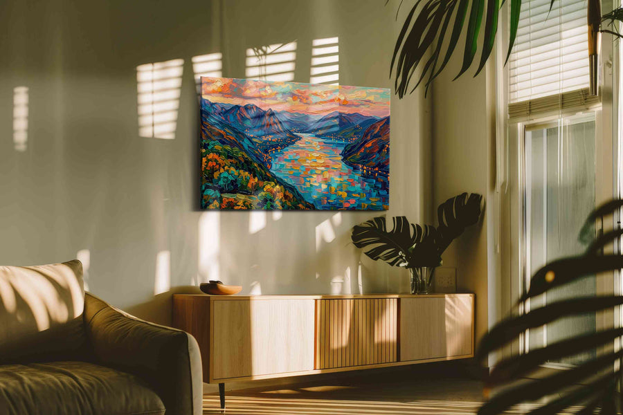 Emberlight Over Azure Fjord landscape canvas print in a hung canvas mockup
