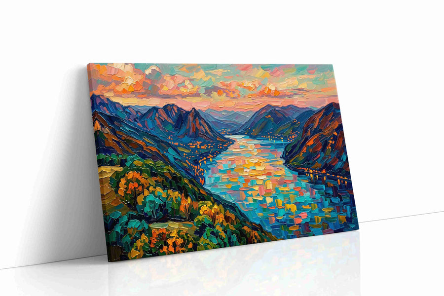 Emberlight Over Azure Fjord landscape canvas print, gallery-wrapped, ready to hang