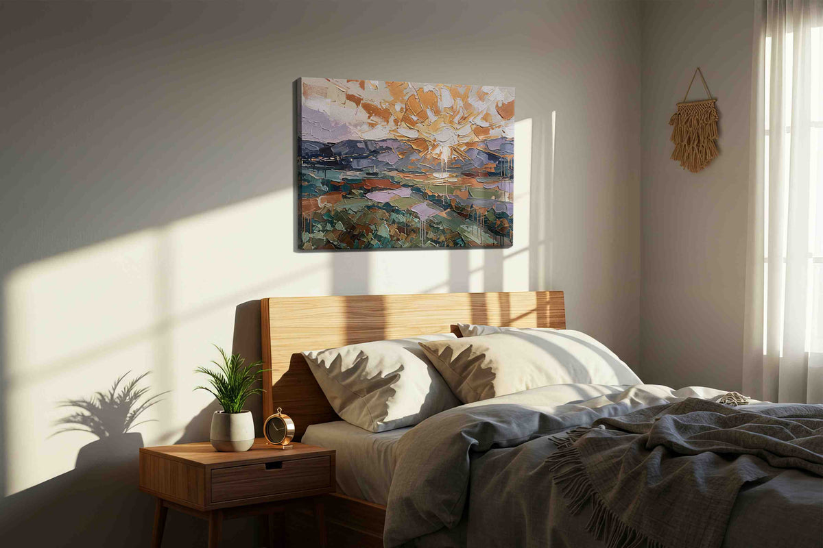 Gilded Horizon Fracture landscape canvas print, displayed in a bedroom