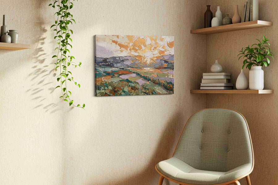 Gilded Horizon Fracture landscape canvas print, displayed in a living room