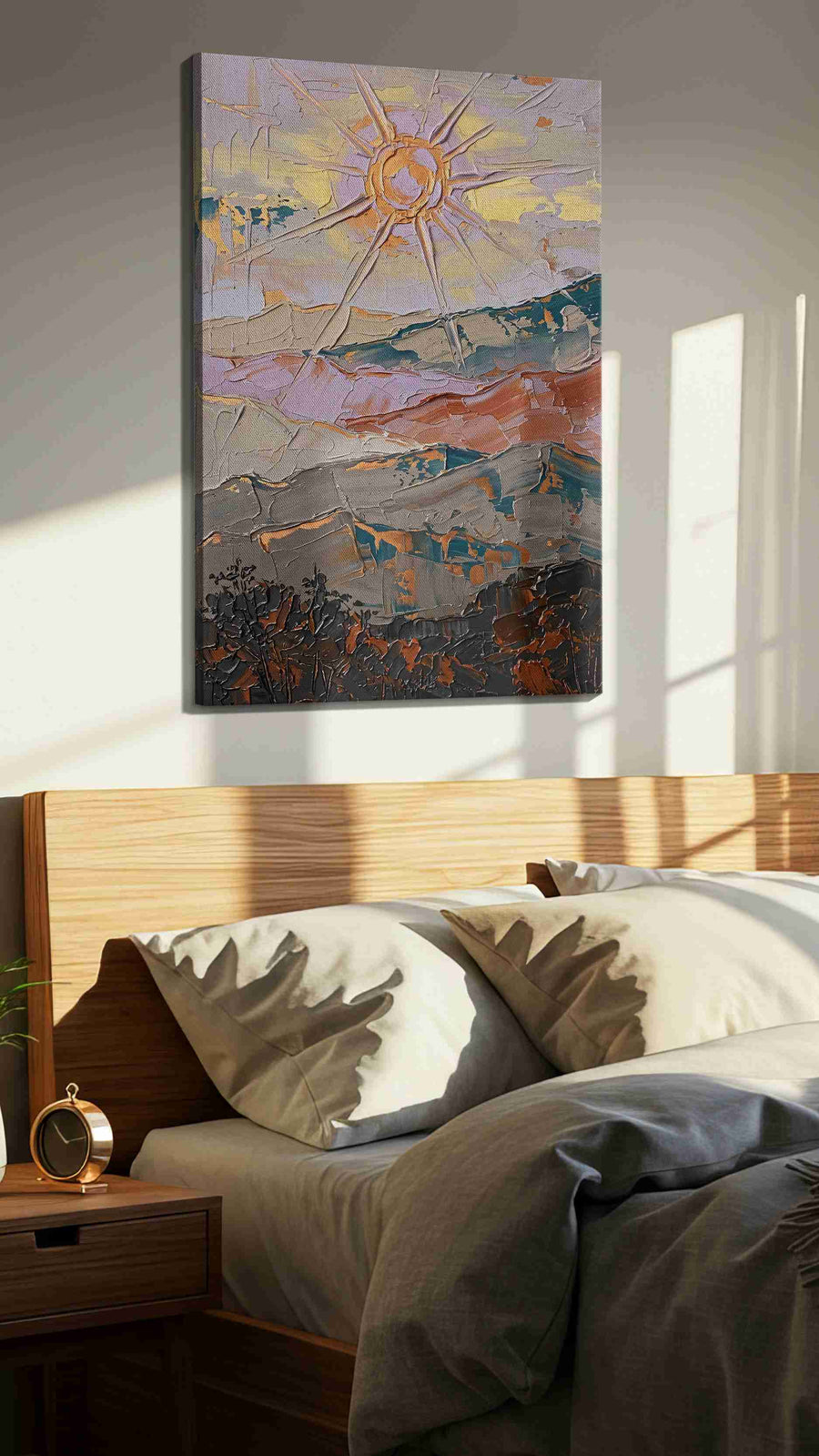 Gilded Solstice Break landscape canvas print, displayed in a bedroom