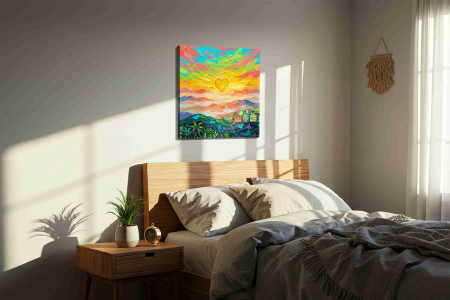 Heart of the Tropical Dawn landscape canvas print, displayed in a bedroom