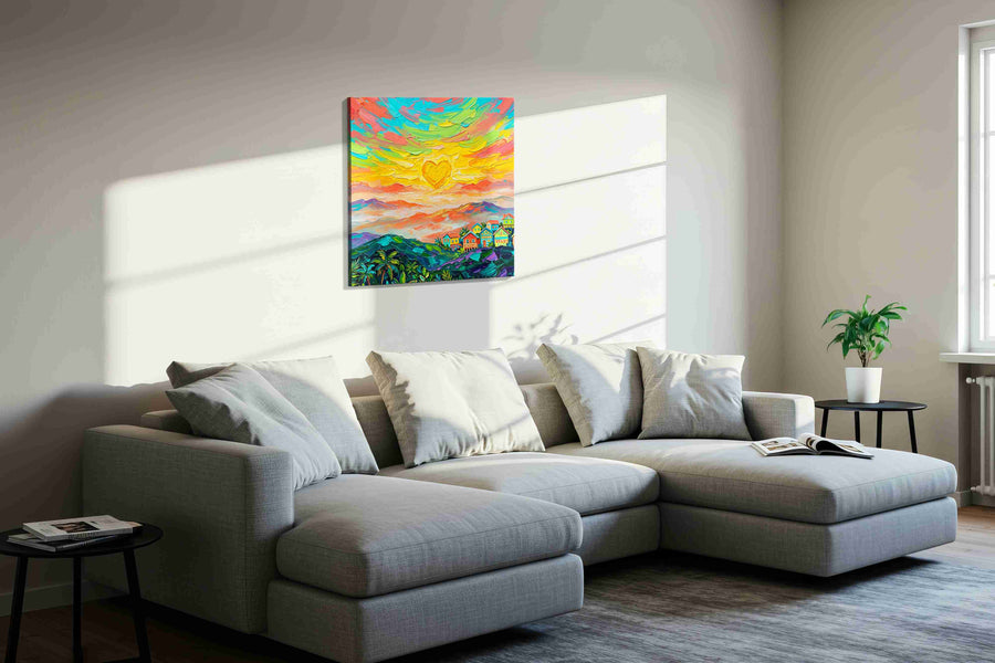 Heart of the Tropical Dawn landscape canvas print, displayed in a living room
