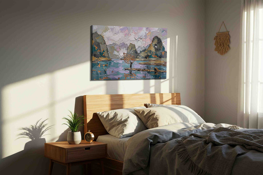 Lantern on Thawing Waters landscape canvas print, displayed in a bedroom