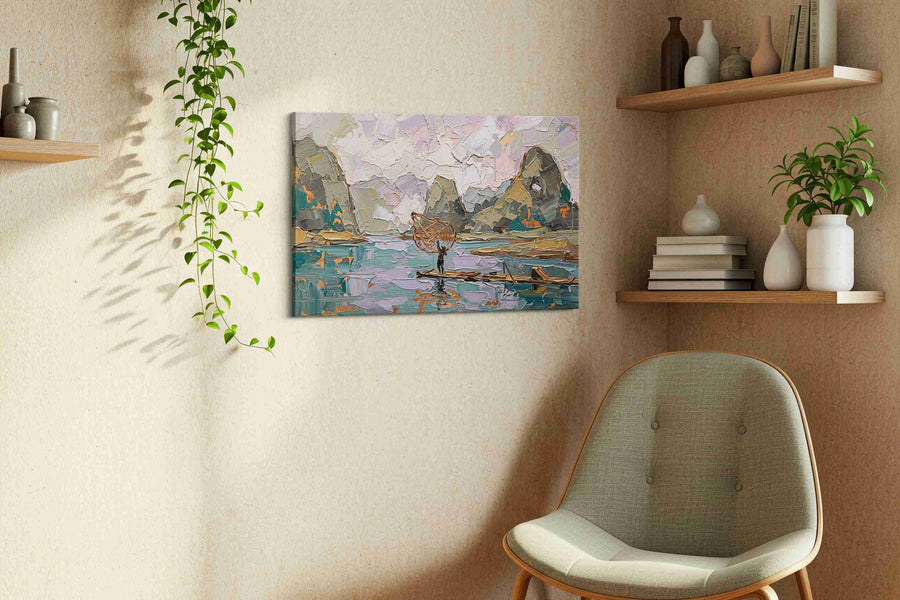 Lantern on Thawing Waters landscape canvas print, displayed in a living room