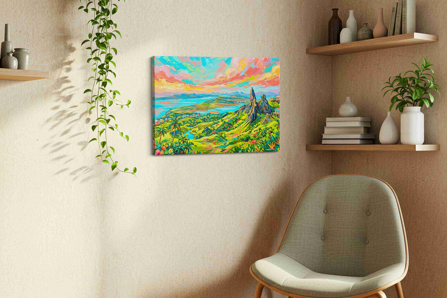 Parrotsky Over Emerald Cay landscape canvas print, displayed in a living room