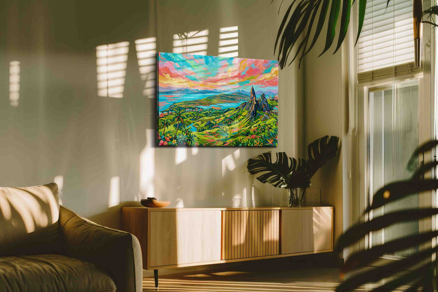 Parrotsky Over Emerald Cay landscape canvas print in a hung canvas mockup
