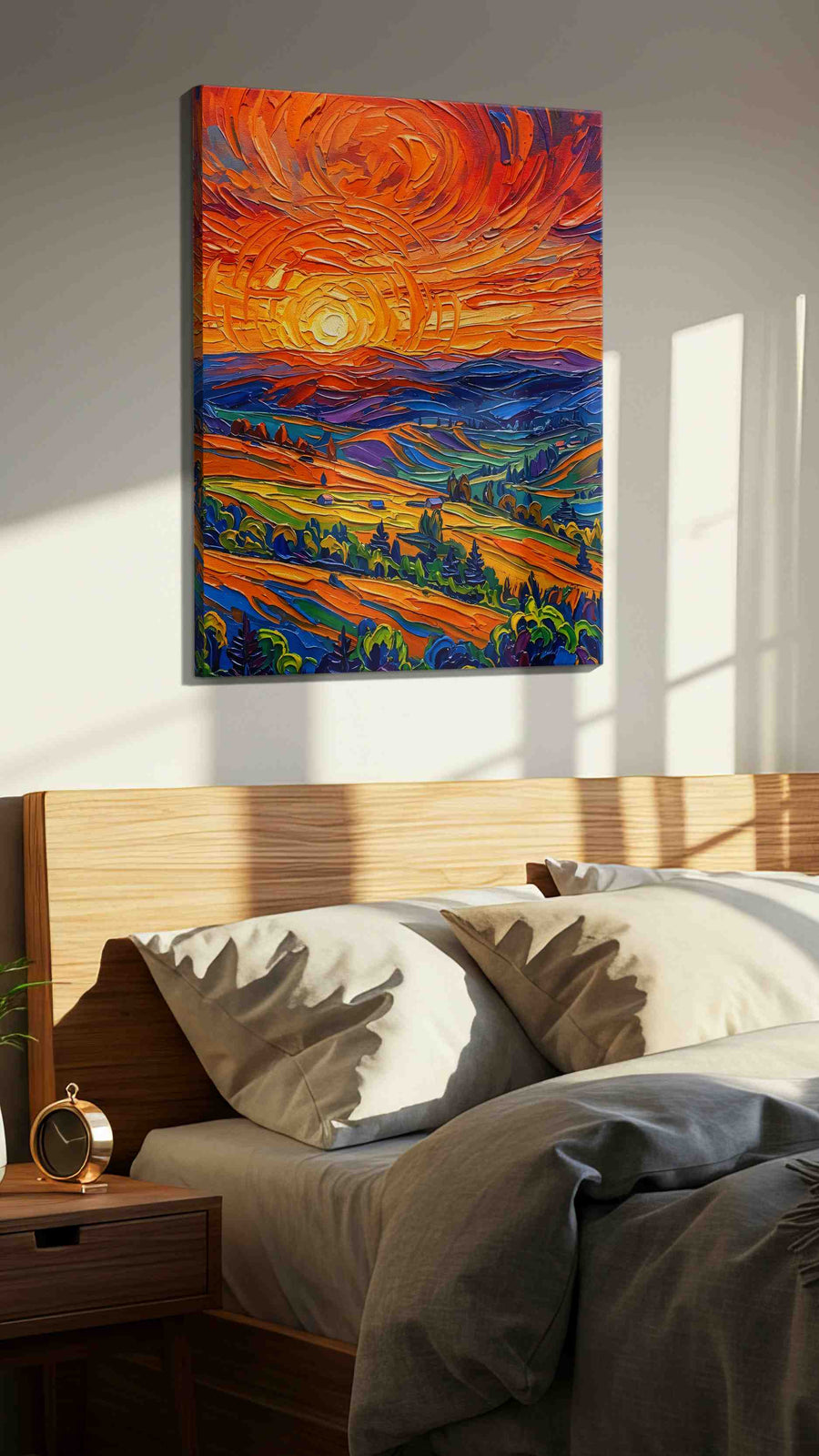 Solstice Over Painted Valleys landscape canvas print, displayed in a bedroom