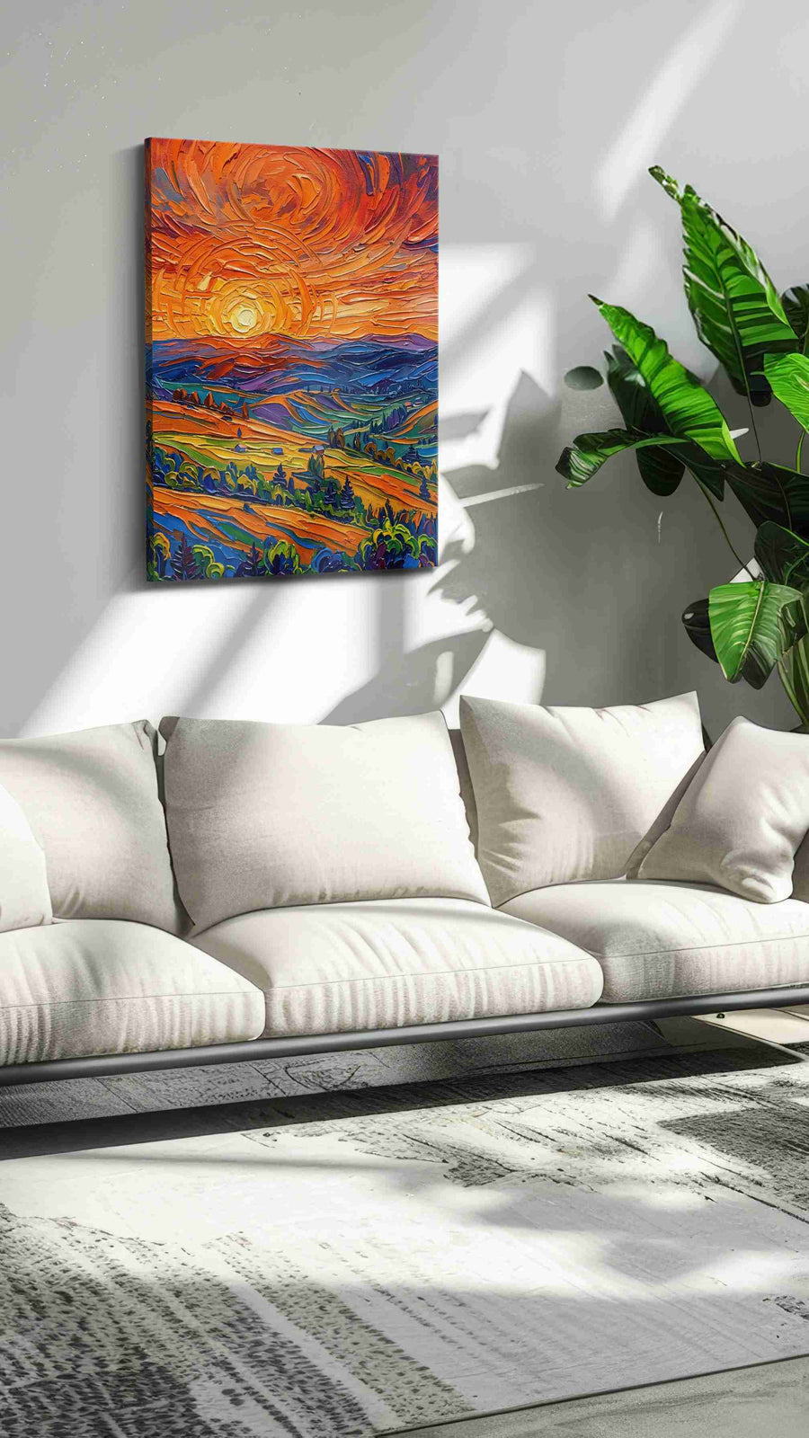 Solstice Over Painted Valleys landscape canvas print in a hung canvas mockup