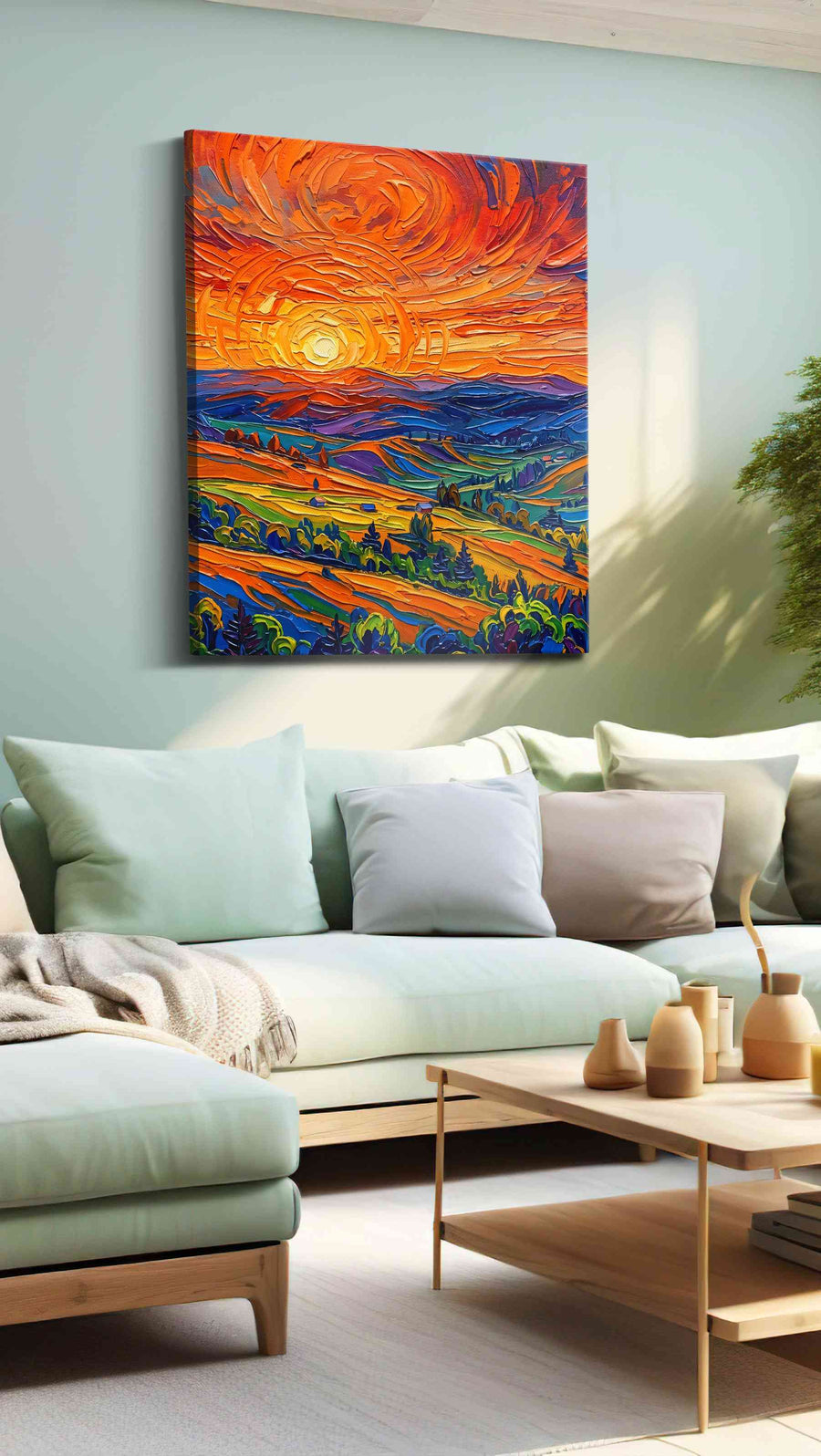 Solstice Over Painted Valleys landscape canvas print shown in a wall scene