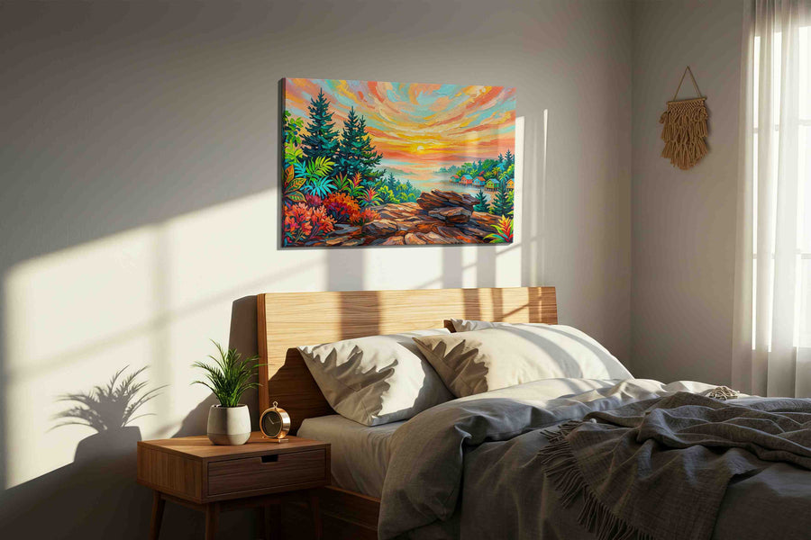 Sunfire Over Painted Cay landscape canvas print, displayed in a bedroom