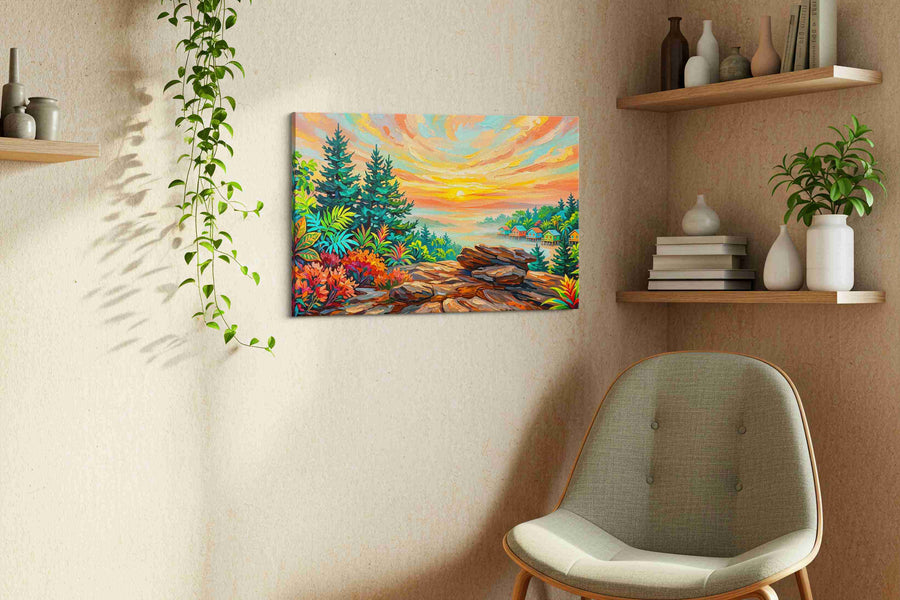 Sunfire Over Painted Cay landscape canvas print, displayed in a living room