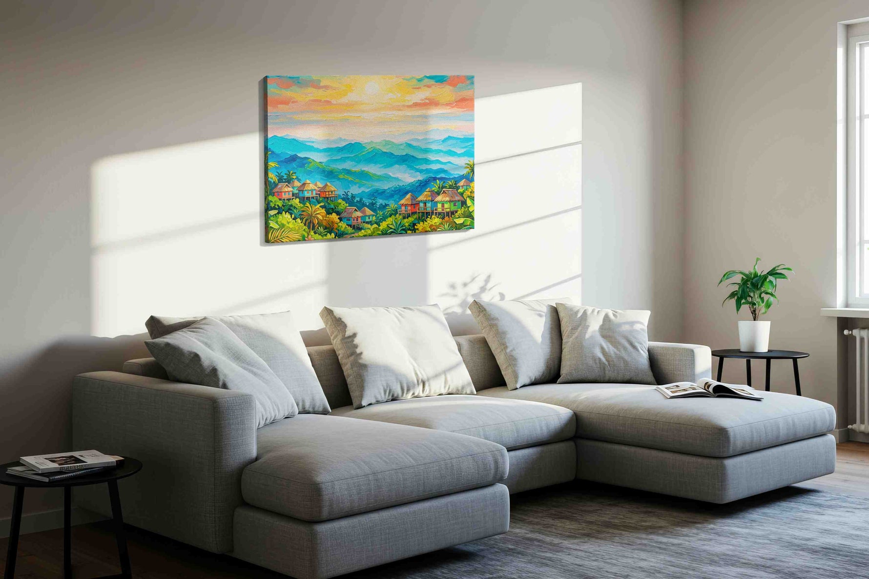 Sunlit Echoes of the Tropics landscape canvas print, displayed in a living room