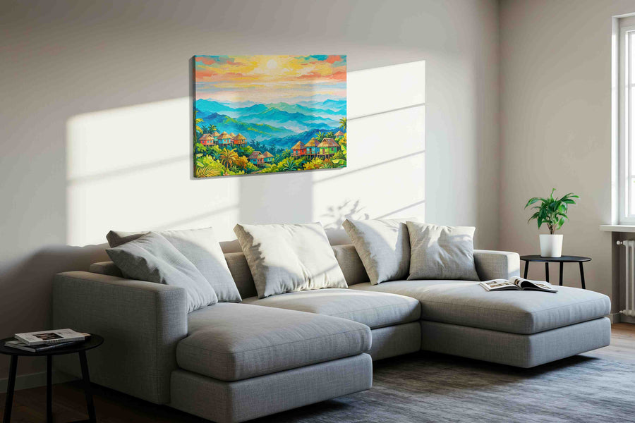 Sunlit Echoes of the Tropics landscape canvas print, displayed in a living room