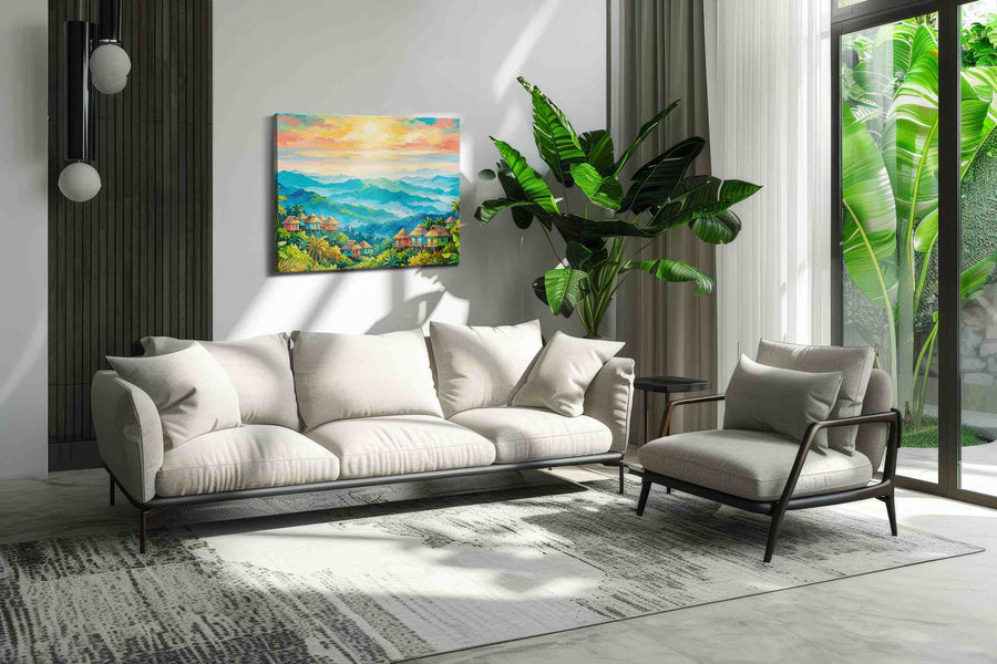 Sunlit Echoes of the Tropics landscape canvas print, hanging on wall — in a hung canvas mockup