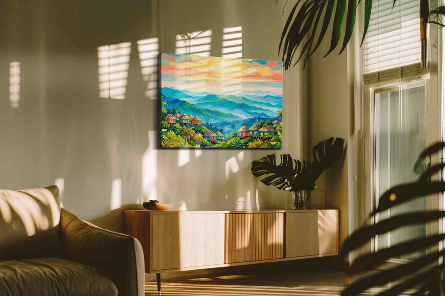 Sunlit Echoes of the Tropics landscape canvas print in a hung canvas mockup