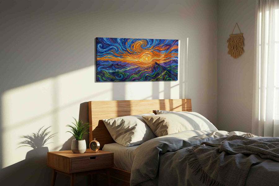 Sunwhirl Over Indigo Tides landscape canvas print, displayed in a bedroom