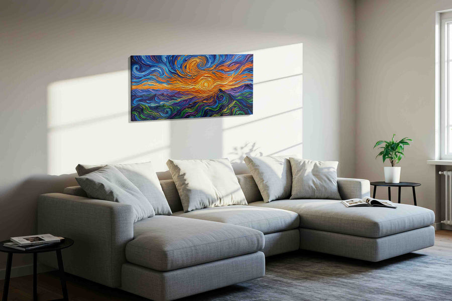 Sunwhirl Over Indigo Tides landscape canvas print styled in a living room