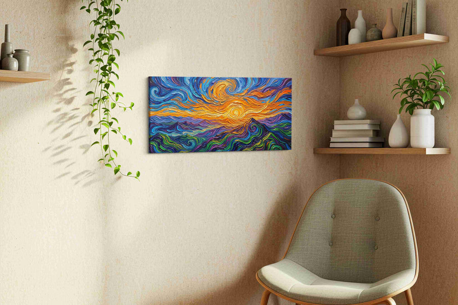 Sunwhirl Over Indigo Tides landscape canvas print, displayed in a living room