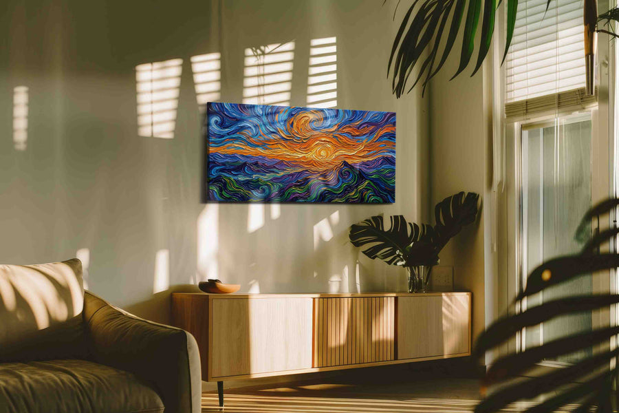 Sunwhirl Over Indigo Tides landscape canvas print in a hung canvas mockup