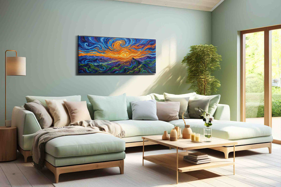 Sunwhirl Over Indigo Tides landscape canvas print, hanging on wall