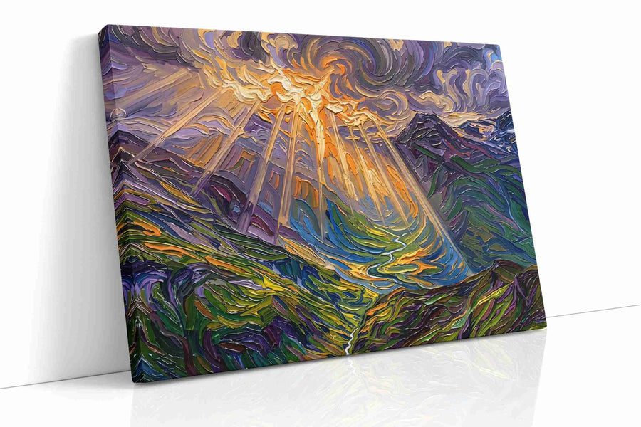 Where Sunlight Splinters the Valley landscape canvas print, gallery-wrapped, ready to hang