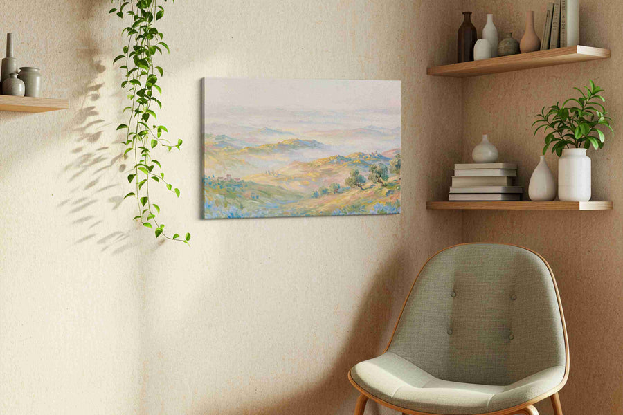 Whispers Over Azure Hills landscape canvas print, displayed in a living room