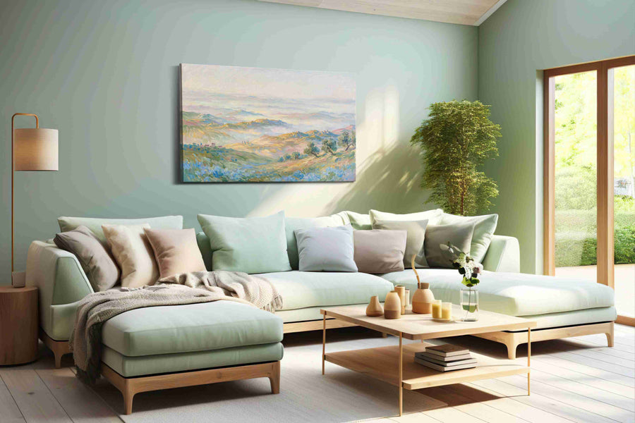 Whispers Over Azure Hills landscape canvas print, hanging on wall