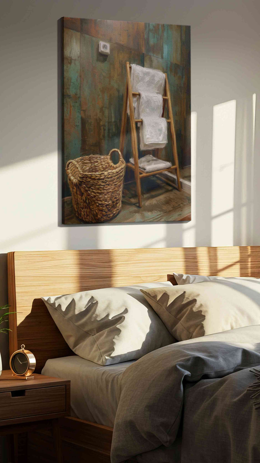 Patina Bath Reverie minimalist canvas print, displayed in a bedroom