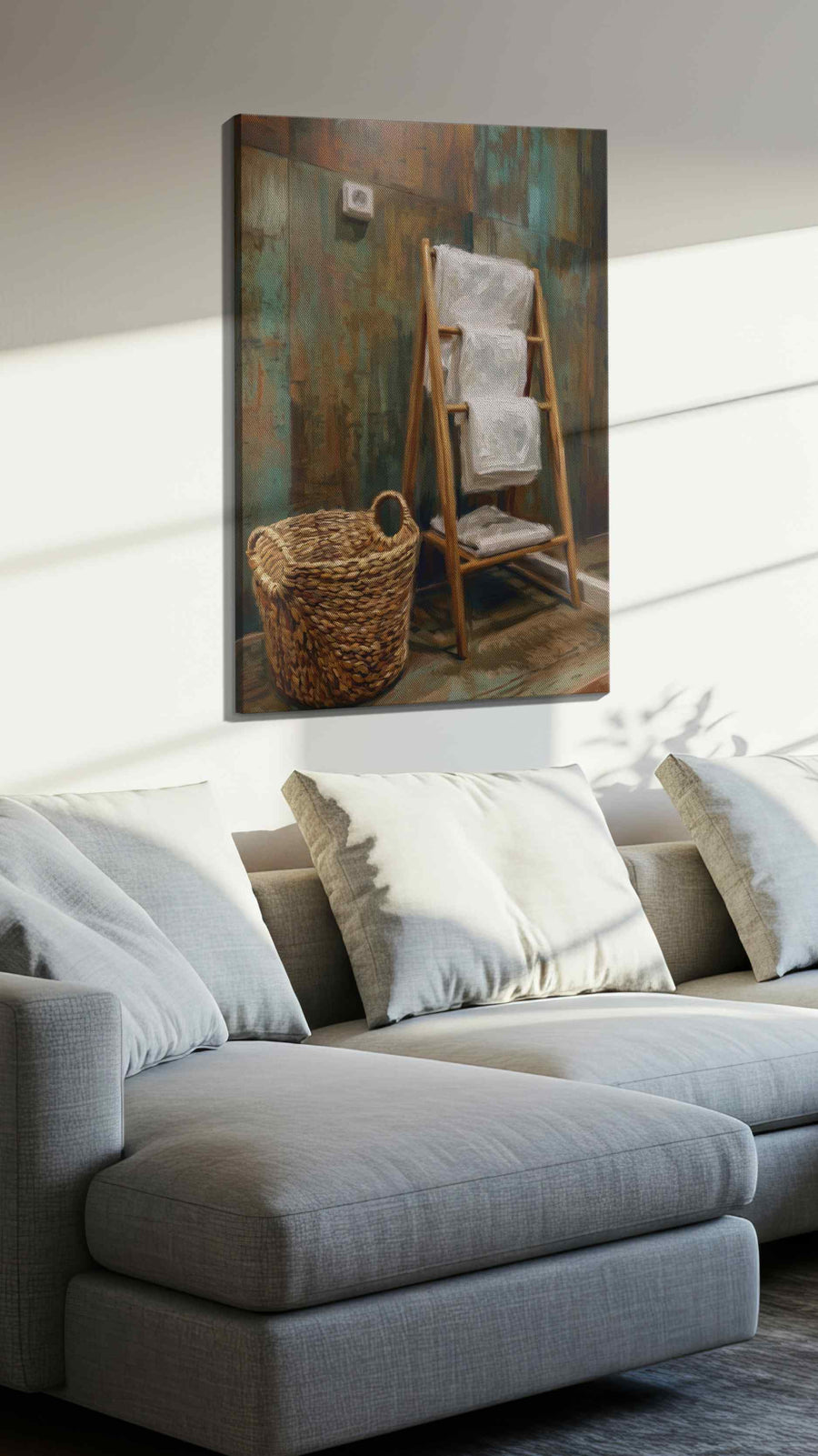 Patina Bath Reverie minimalist canvas print, displayed in a living room
