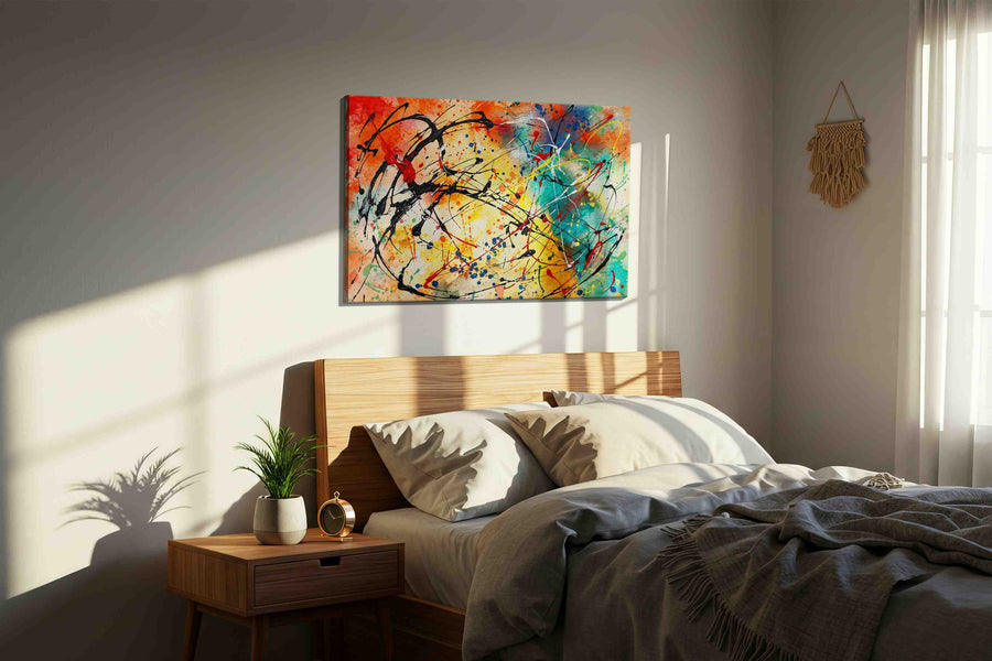 Chromatic Tempest Waltz modern canvas print, displayed in a bedroom
