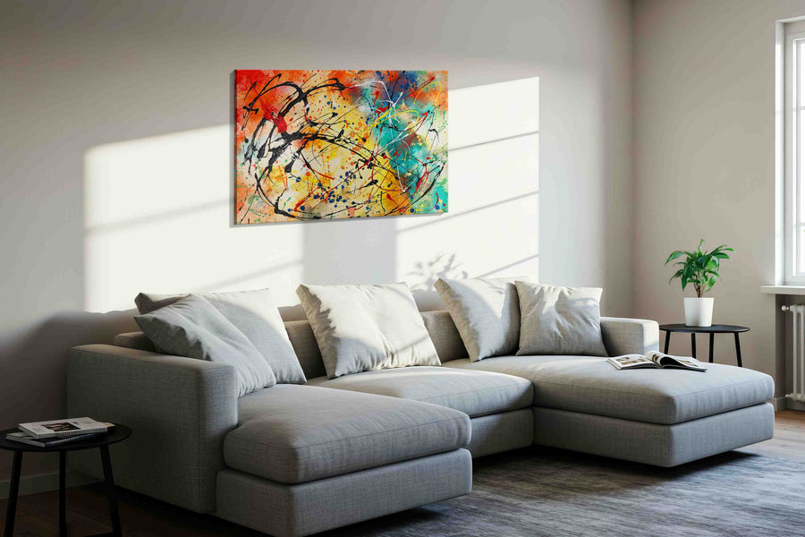 Chromatic Tempest Waltz modern canvas print, displayed in a living room