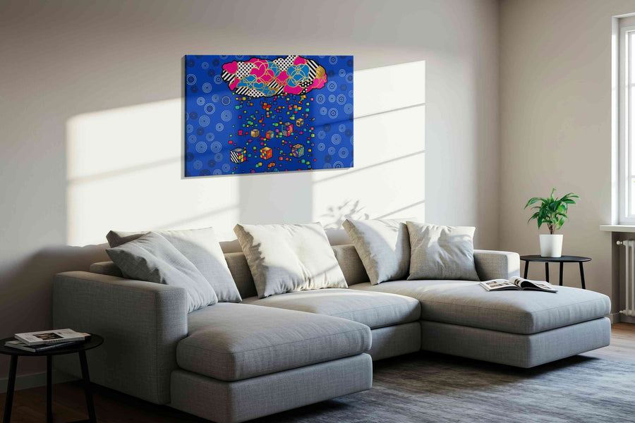 Cloud of Neon Keepsakes modern canvas print, displayed in a living room