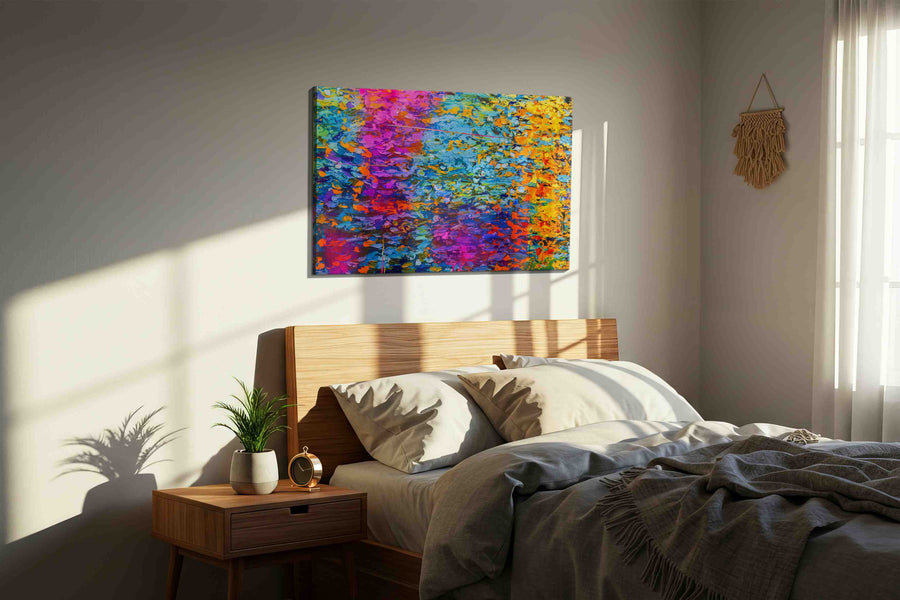Electric Lotus Tide modern canvas print, displayed in a bedroom