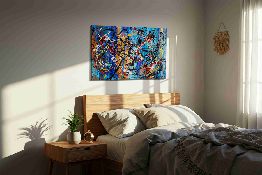 Electric Tidal Frenzy modern canvas print, displayed in a bedroom