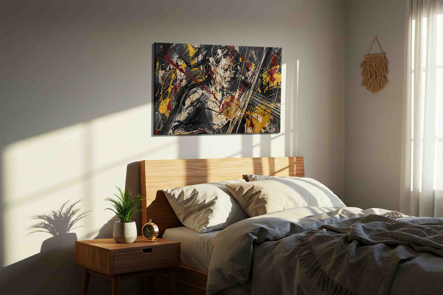 Gilded Chaos Sonata modern canvas print, displayed in a bedroom