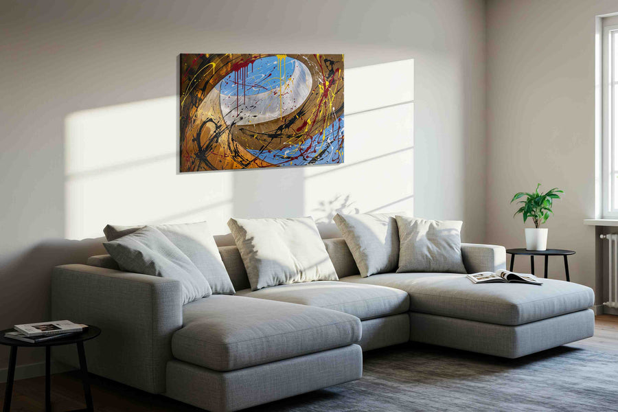 Gilded Skyfire Spiral modern canvas print in a living room scene