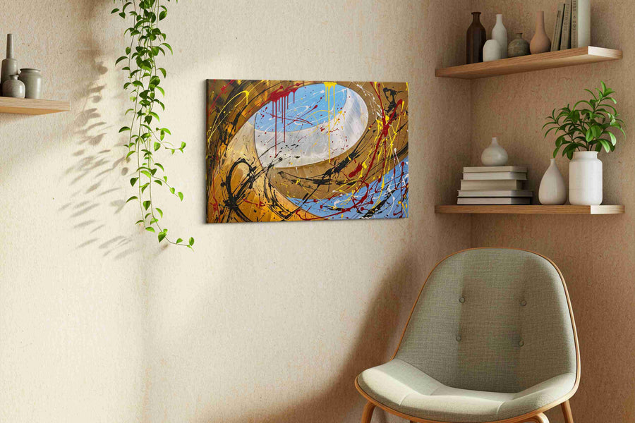 Gilded Skyfire Spiral modern canvas print, displayed in a living room